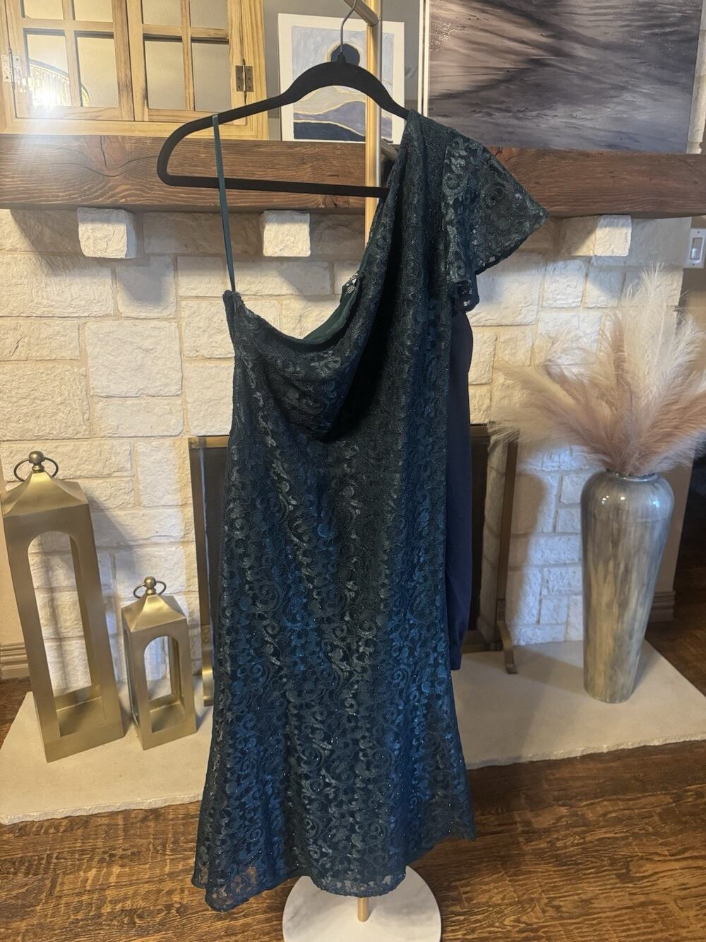 Lauren Ralph Lauren One-Shoulder Lace Midi Dress Dark Green Size 14